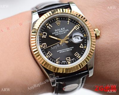 Rolex Datejust 40mm Watches SS Black Leather Strap Gold Bezel
